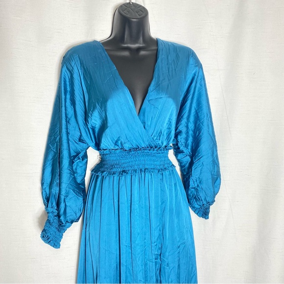 ZARA WRINKLE LOOK SATIN EFFECT MIDI DRESS Blue Steel Size M - Picture 10 of 16